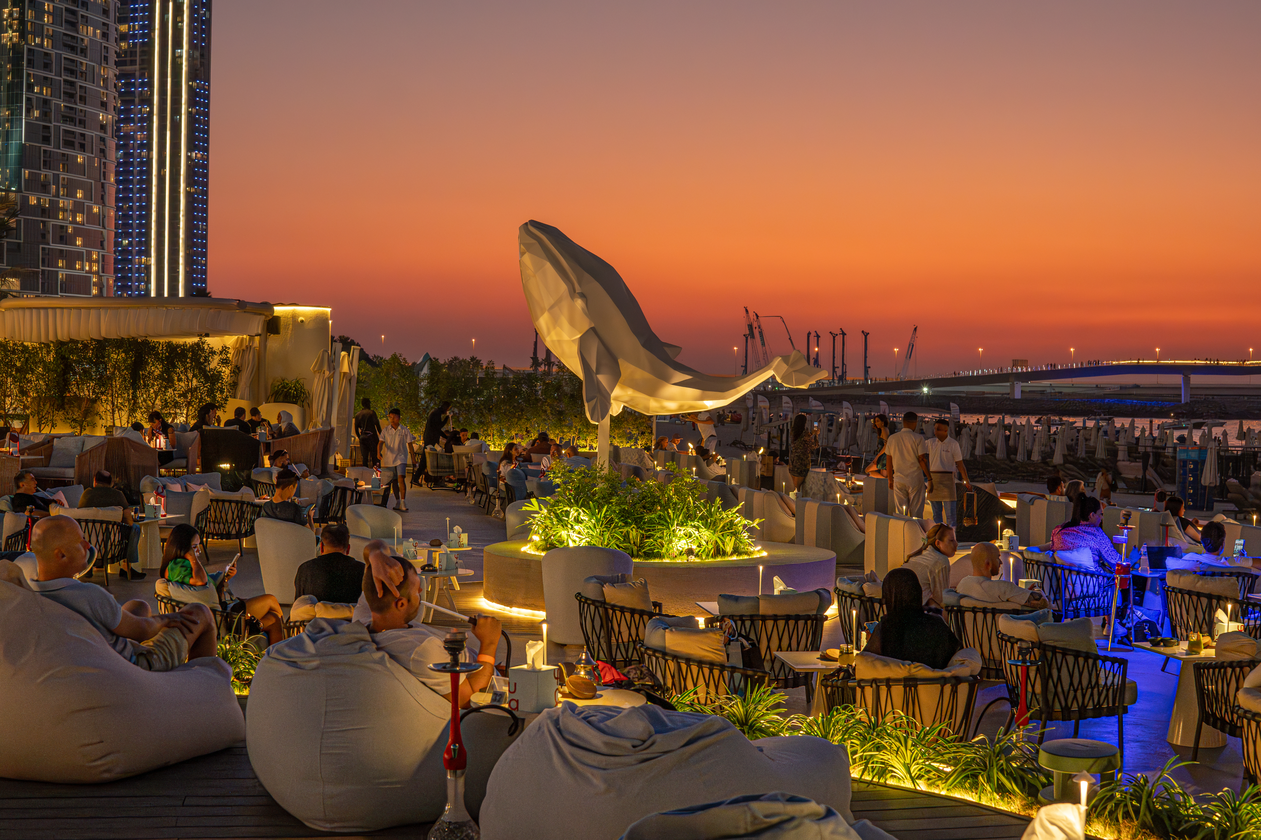 Yula Lounge terrace and skyline at night